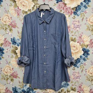 NY Collection Woman* Blue Denim Button-up Shirt* Long & Role-Up Sleeves* Size:3X